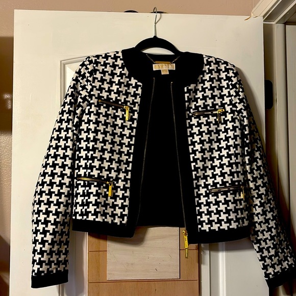 Michael Kors, black white houndstooth jacket with shoulder pads, bomber, blazer - Picture 1 of 4